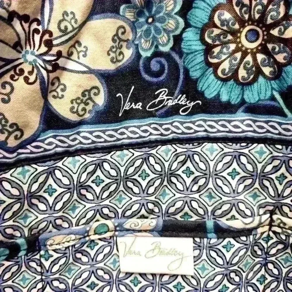 Vera Bradley Blue Cream Floral Cotton Large Tote Very Good Condition
